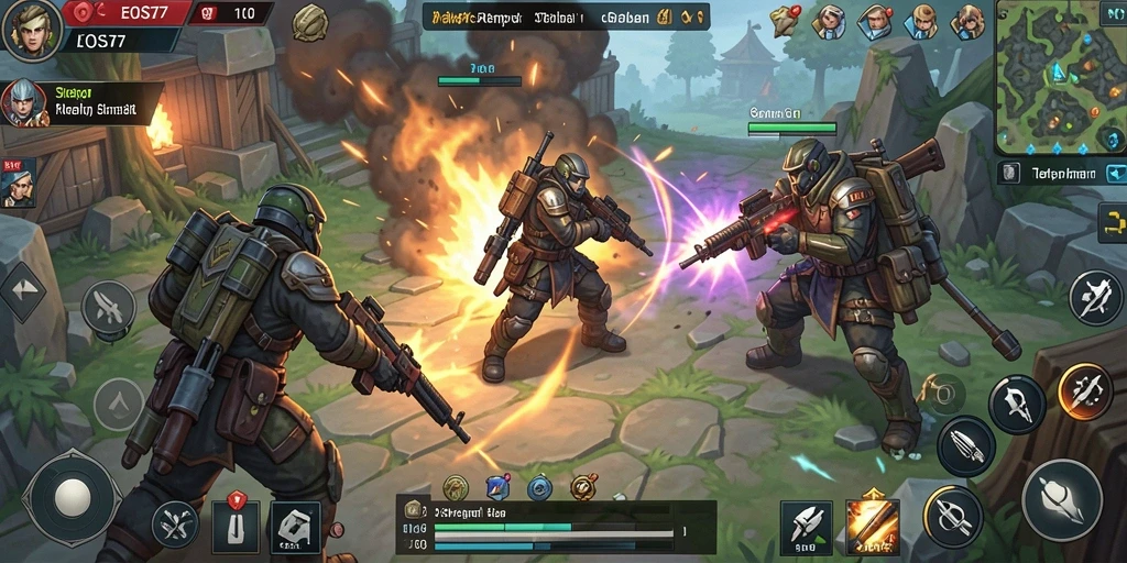Tampilan gameplay EOS77 dengan aksi pertempuran yang mendebarkan.