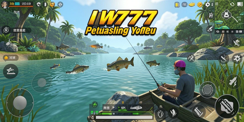 Screenshot gameplay IW777 menampilkan aksi seru memancing di lokasi indah.
