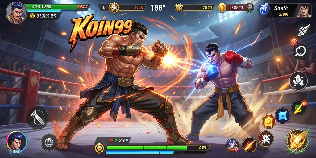 Gameplay KOIN99 dengan karakter bertarung seru dan dinamis.