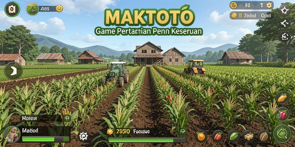 Screenshot gameplay <strong>MAKTOTO</strong> menunjukkan ladang yang subur dan hewan ternak.