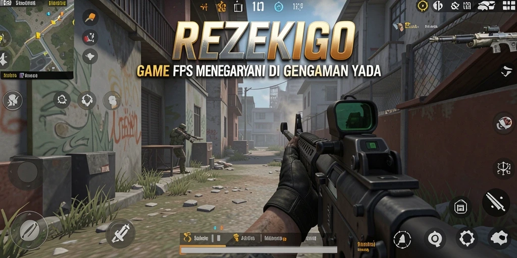 Tampilan gameplay menegangkan dari REZEKIGO dengan aksi FPS yang seru.