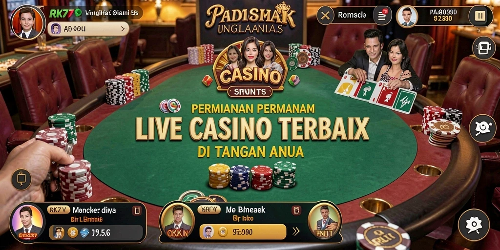 Screenshot gameplay RK77 menampilkan dealer yang ramah dan pengaturan kasino yang elegan.